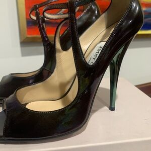 Jimmy Choo 37.5 Stunning Petrol Black Iridescent Patent Ankle Strap Pump 4.5 in